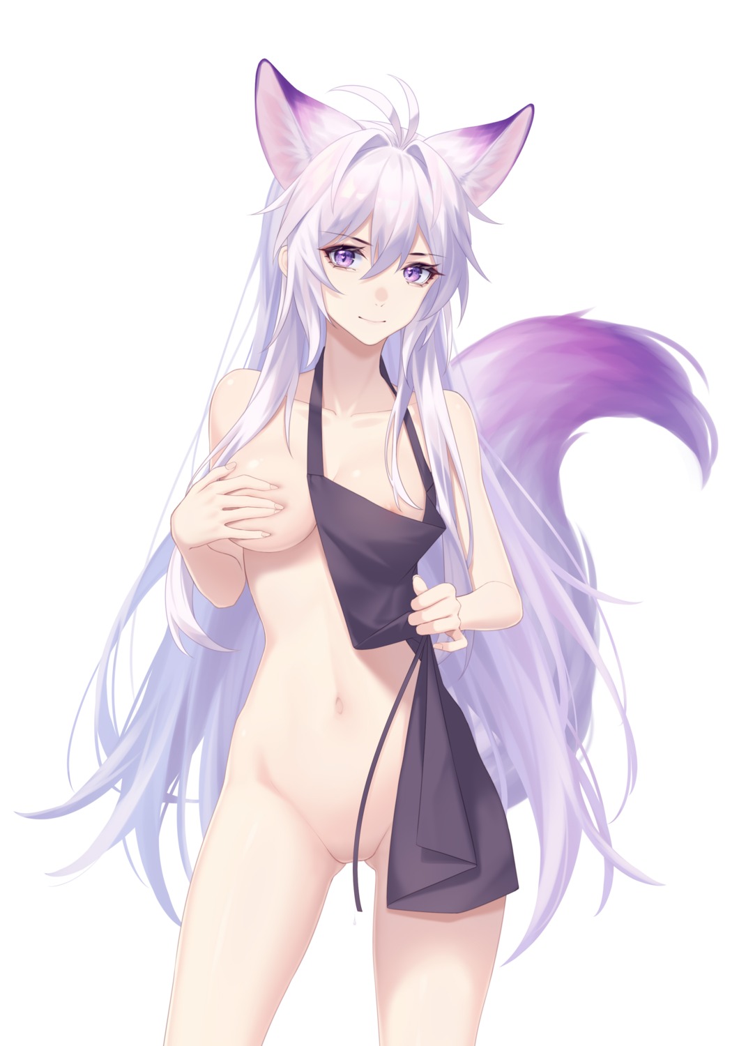 animal_ears areola breast_hold kirby_d_a kitsune naked_apron tail undressing