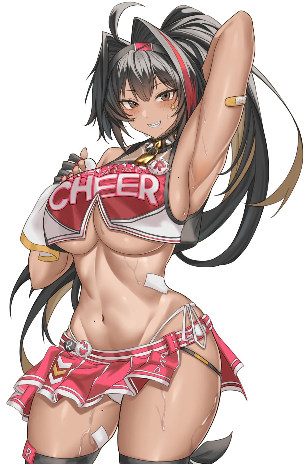 bandaid bay cheerleader goddess_of_victory:_nikke no_bra pantsu see_through skirt_lift string_panties tattoo thighhighs wet yijie_xianyu