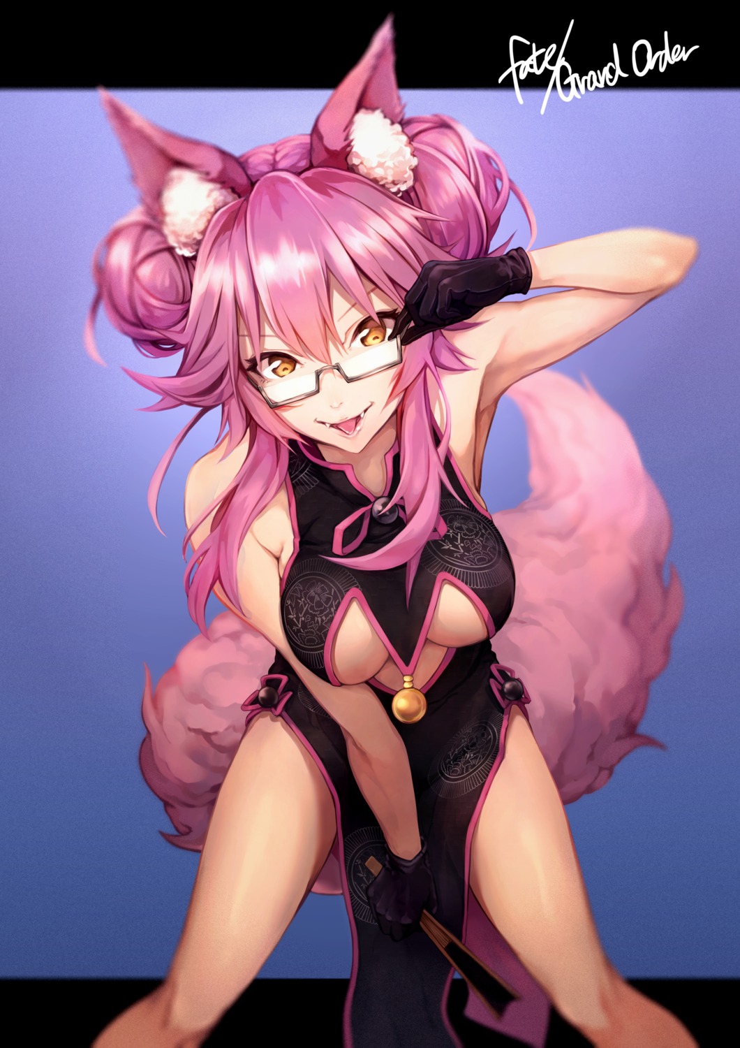 animal_ears chinadress fate/grand_order igiita_(zmkt3747) megane no_bra tail tamamo_vitch_koyanskaya