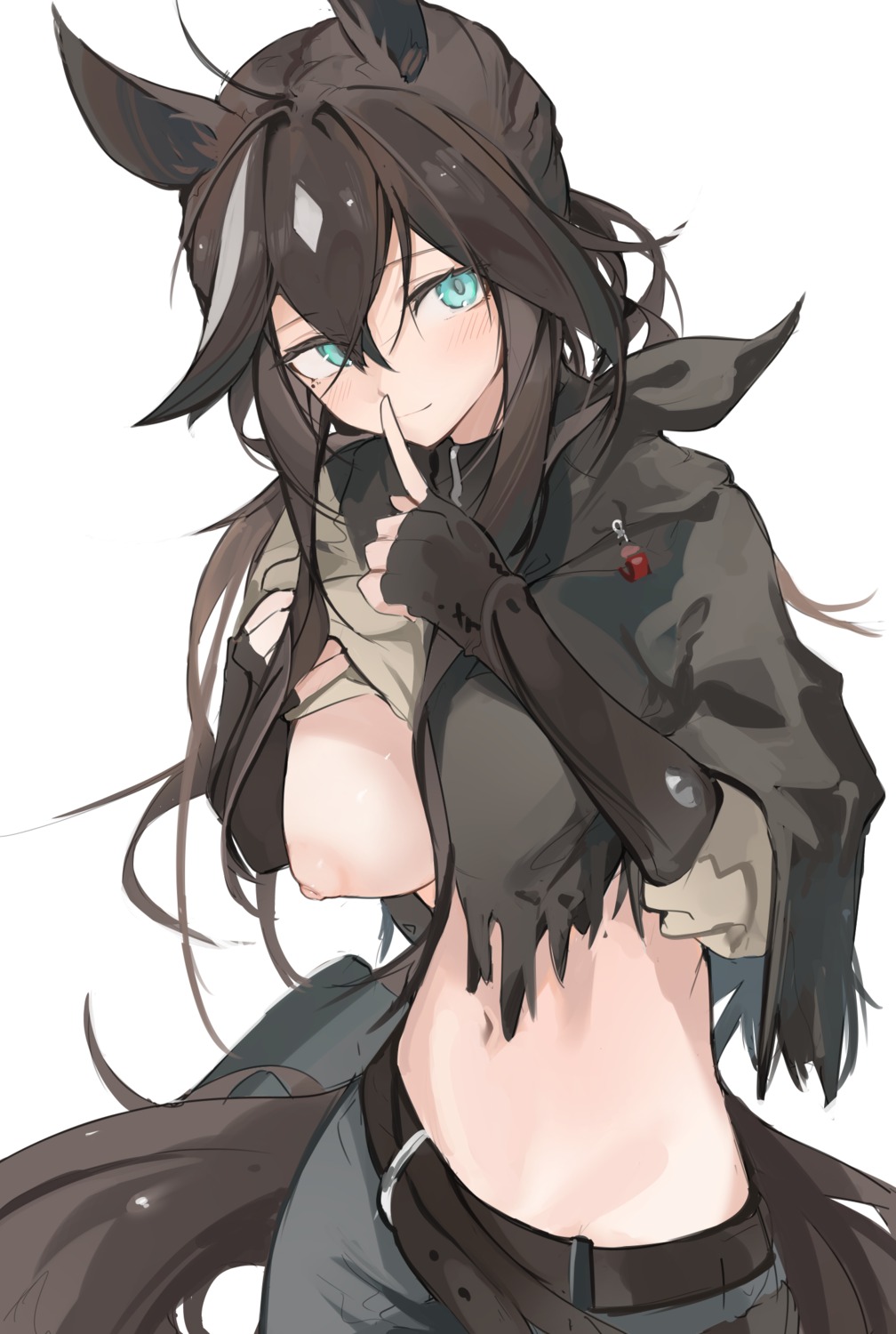 animal_ears arknights breasts meteor_(arknights) mikojin nipples no_bra shirt_lift tail torn_clothes