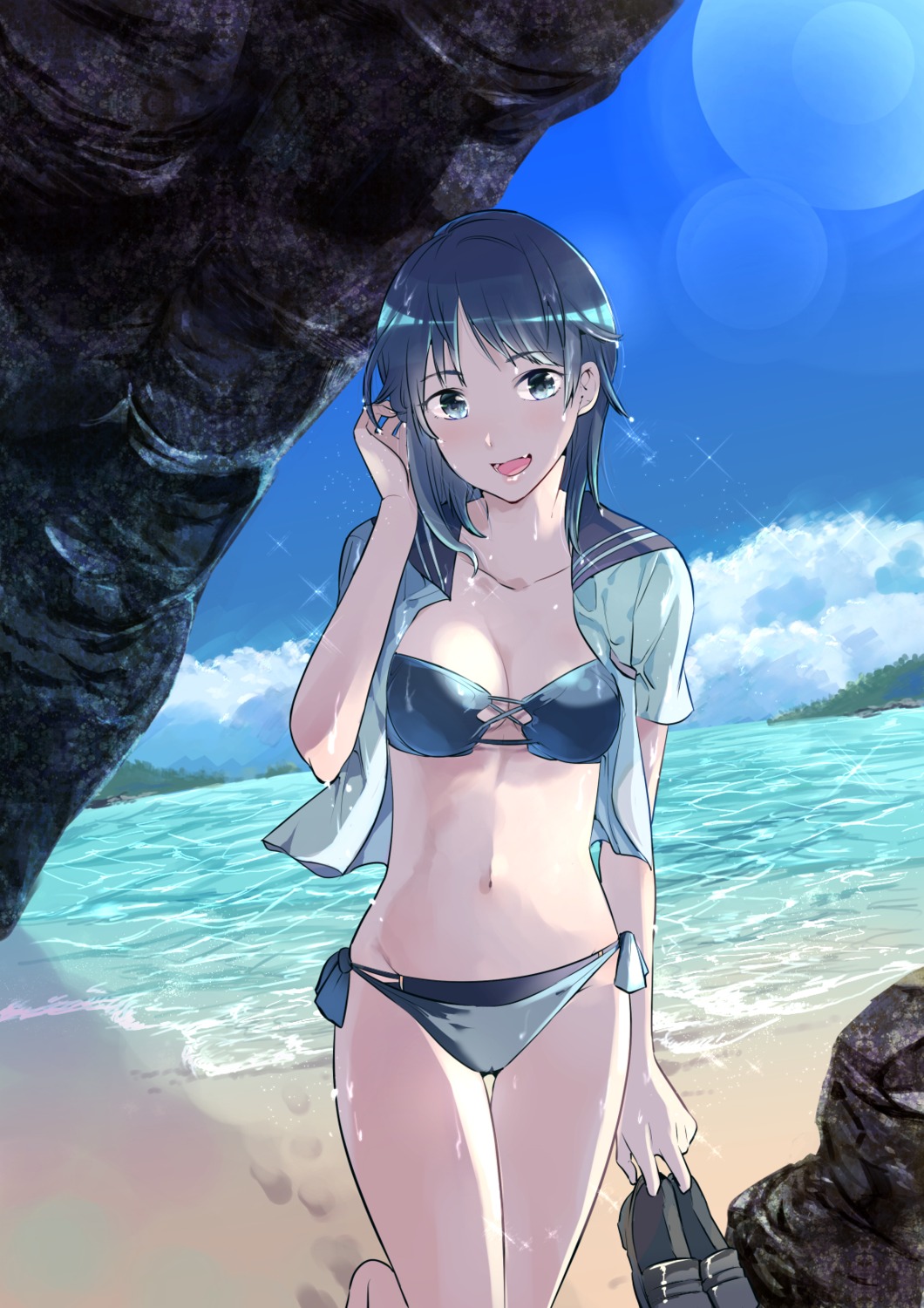 bikini cleavage momoko_(palemon) open_shirt seifuku swimsuits wet