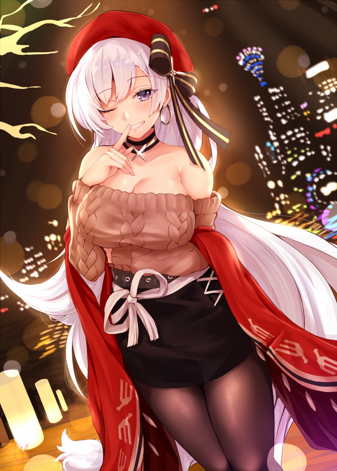 azur_lane belfast_(azur_lane) cleavage narushima_kanna pantyhose sweater