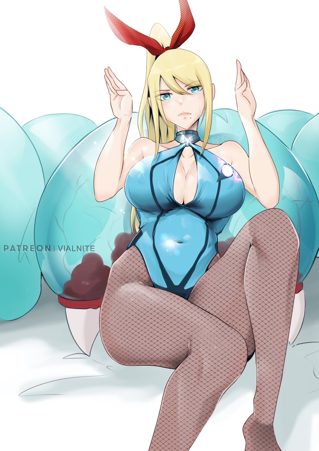 animal_ears bunny_ears bunny_girl cleavage fishnets metroid no_bra pantyhose samus_aran vialnite