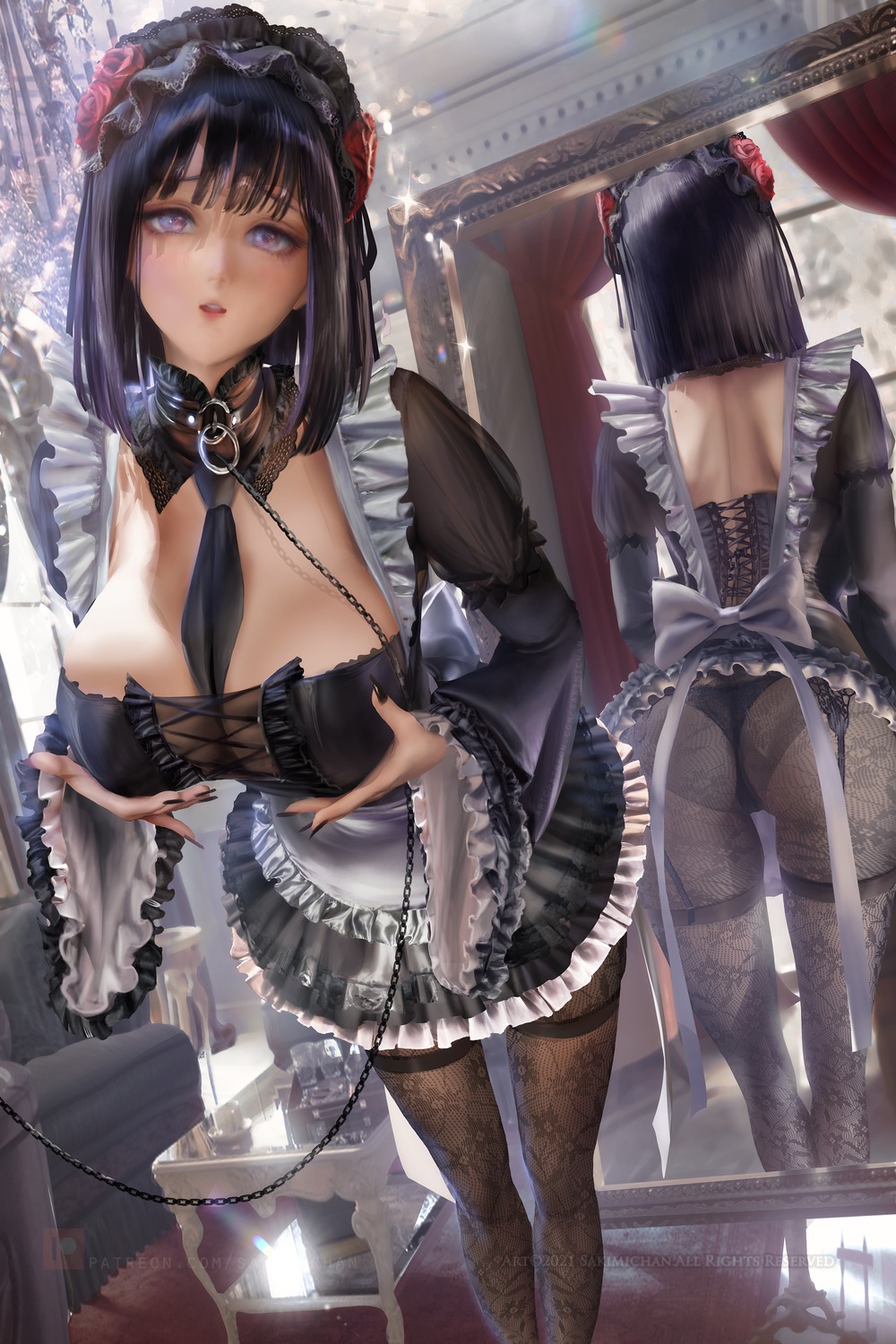 ass corset fishnets gothic_lolita kitagawa_marin kuroe_shizuku lolita_fashion pantsu pantyhose sakimichan skirt_lift sono_bisque_doll_wa_koi_wo_suru thong