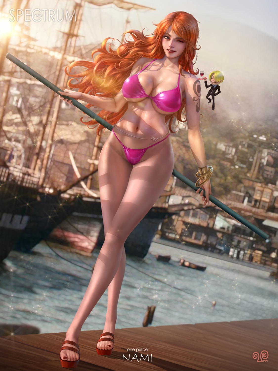 bikini cameltoe nami one_piece swimsuits tattoo weapon yam_spectrum