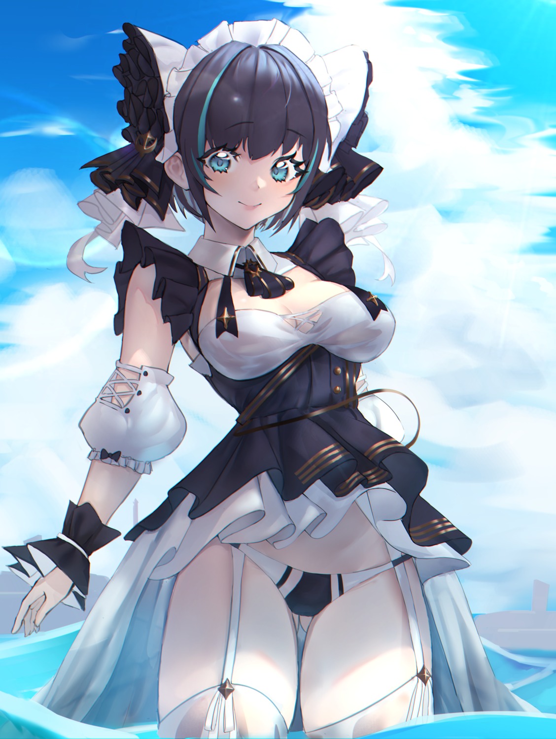 azur_lane cheshire_(azur_lane) maid pantsu see_through stockings thighhighs wet wet_clothes yoonsemo