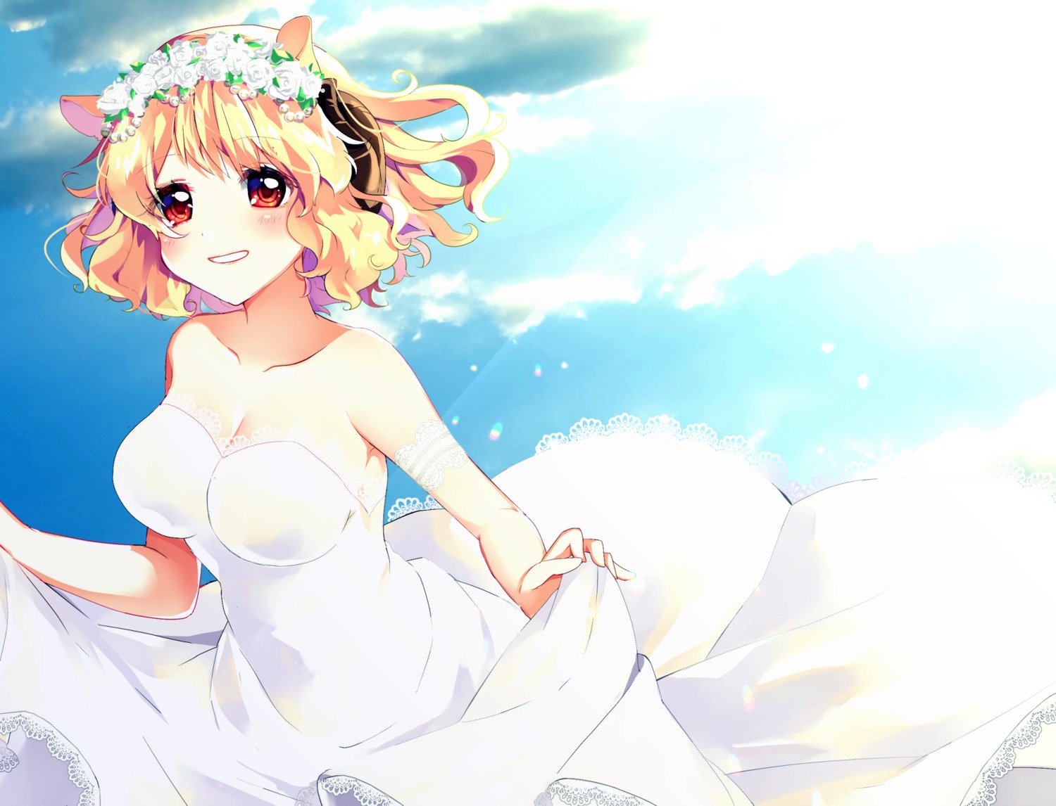 animal_ears cleavage dress horns no_bra skirt_lift towakarasu wedding_dress