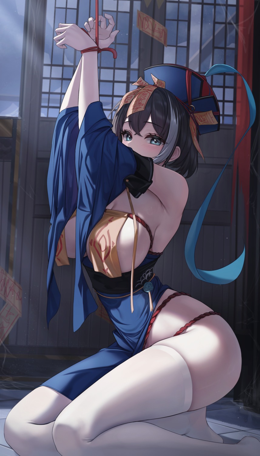 asian_clothes azur_lane bondage goback hwah_jah_(azur_lane) no_bra thighhighs