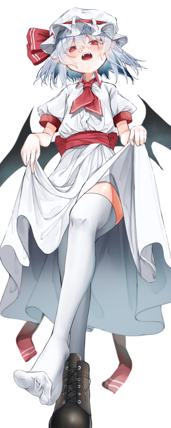 dress pointy_ears remilia_scarlet skirt_lift thighhighs touhou tsune_(tune) wings