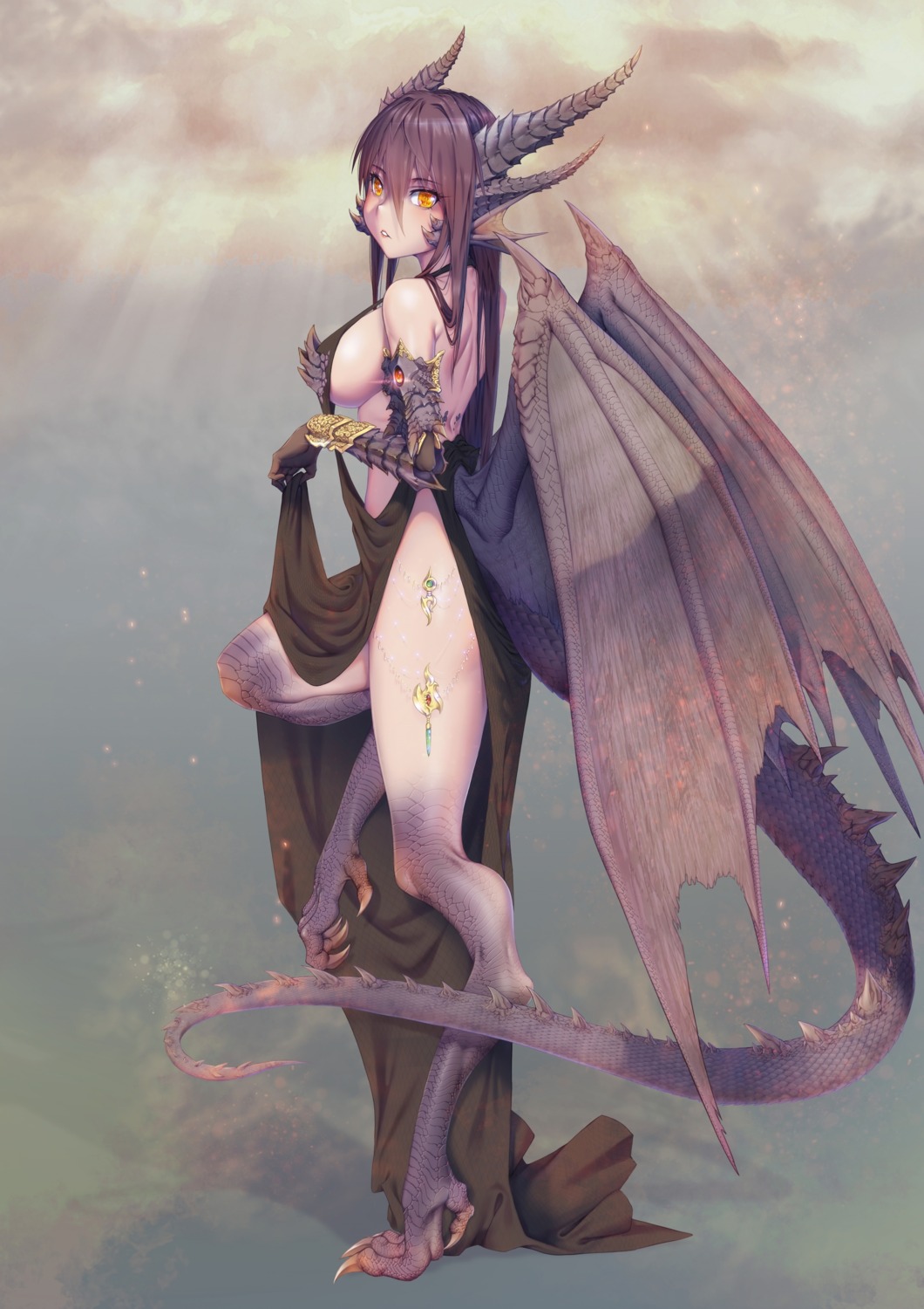 dress fatalis_(monster_hunter) horns monster_girl monster_hunter no_bra nopan proudsoul skirt_lift tail wings