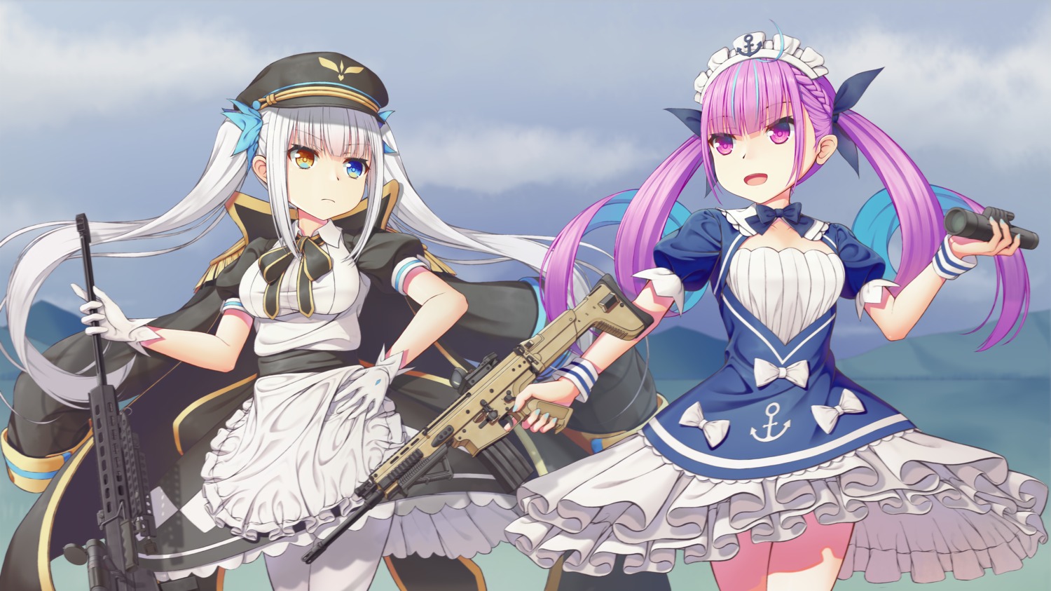 1037519921 crossover gun heterochromia hololive kagura_mea kagura_mea_channel maid minato_aqua pantyhose uniform