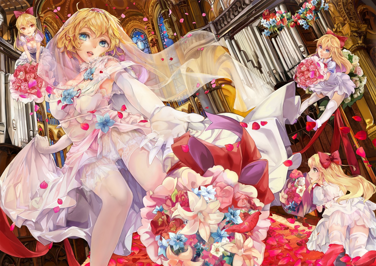 alice_margatroid cleavage dress pantsu poyan_noken see_through shanghai_doll skirt_lift thighhighs touhou wedding_dress