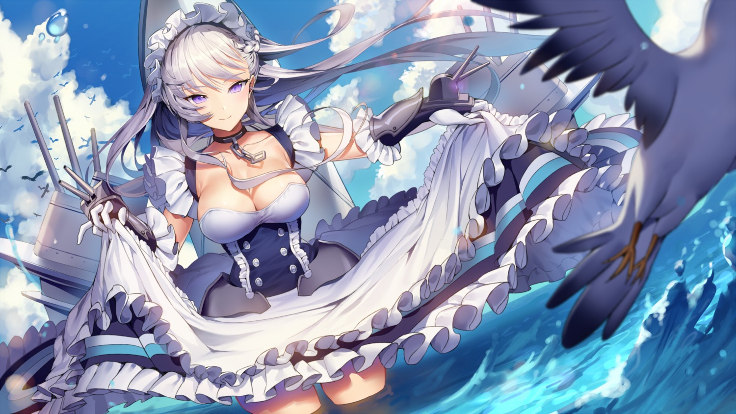 azur_lane belfast_(azur_lane) cleavage maid mamima skirt_lift wet