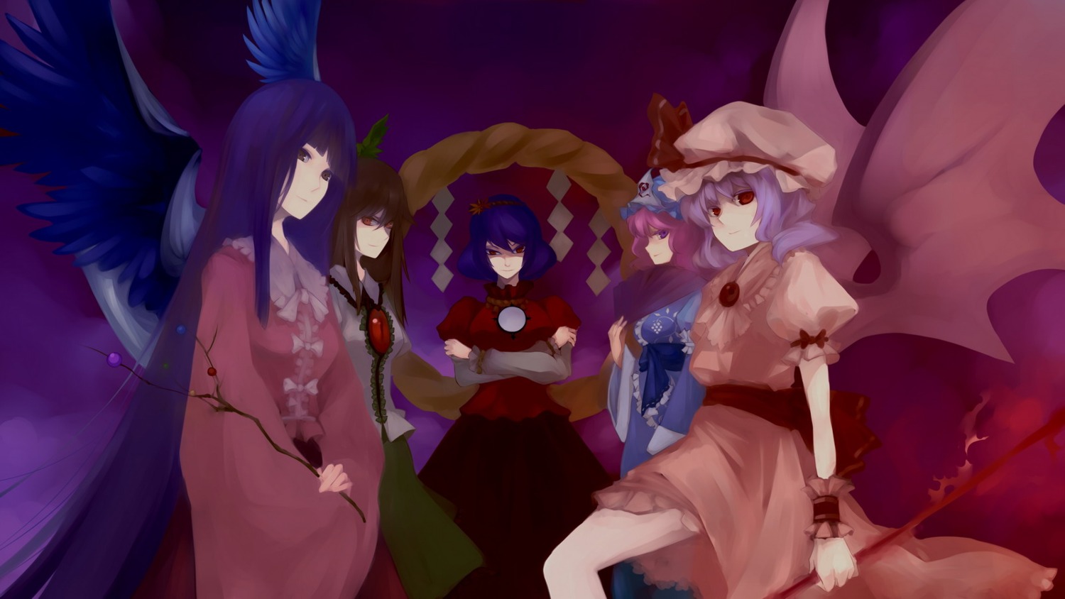 ann606 houraisan_kaguya reiuji_utsuho remilia_scarlet saigyouji_yuyuko touhou wallpaper wings yasaka_kanako