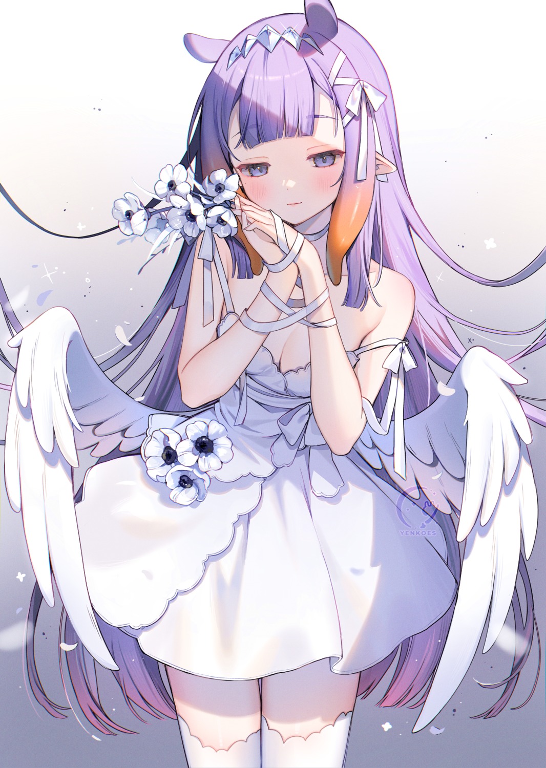 animal_ears dress hololive hololive_english ninomae_ina'nis no_bra pointy_ears thighhighs wings yenkoes