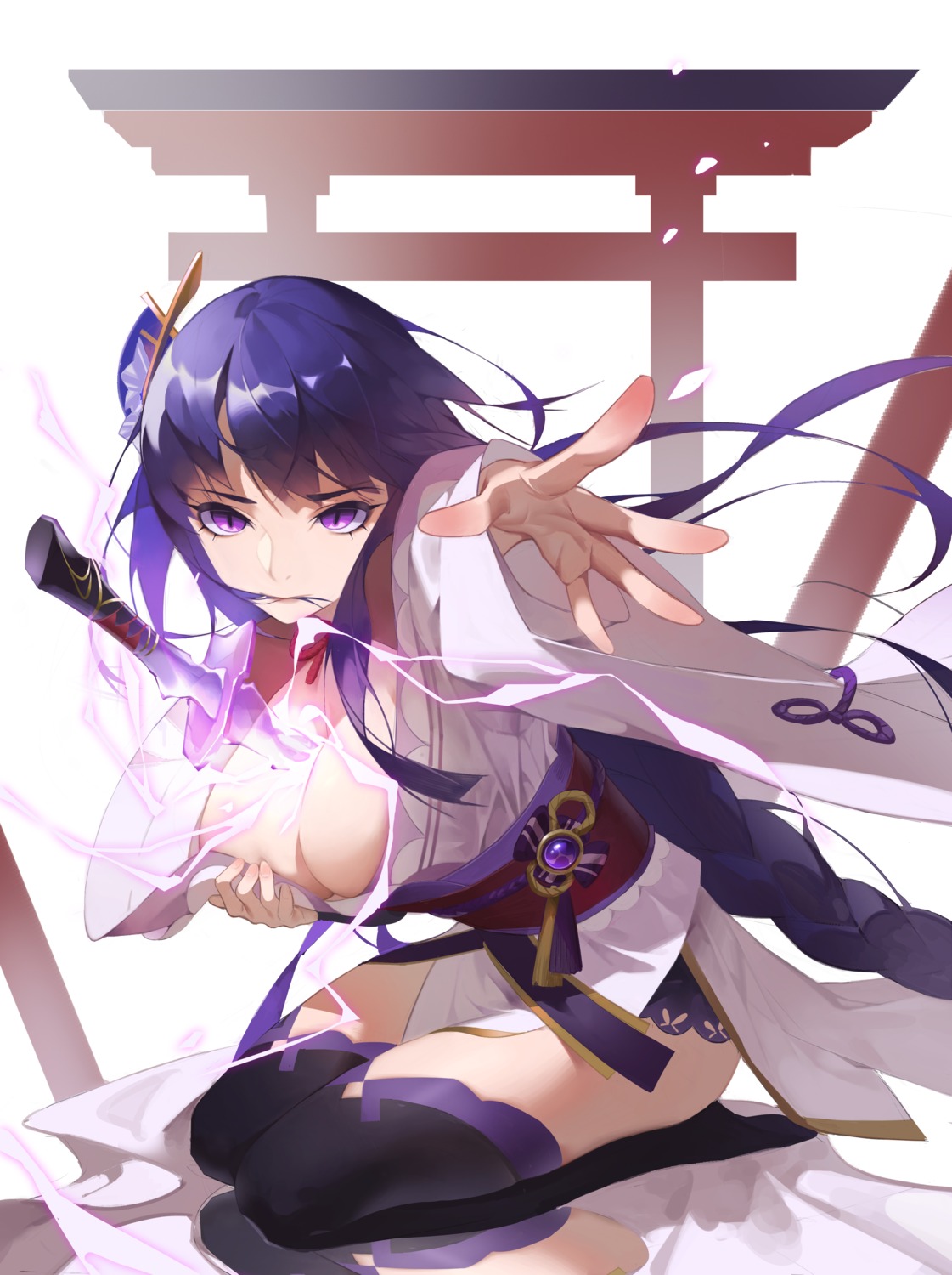 badao_zhu_ge genshin_impact japanese_clothes no_bra open_shirt raiden_shogun sword thighhighs