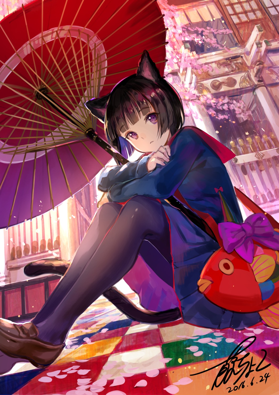 animal_ears fuzichoko nekomimi pantyhose seifuku tail umbrella