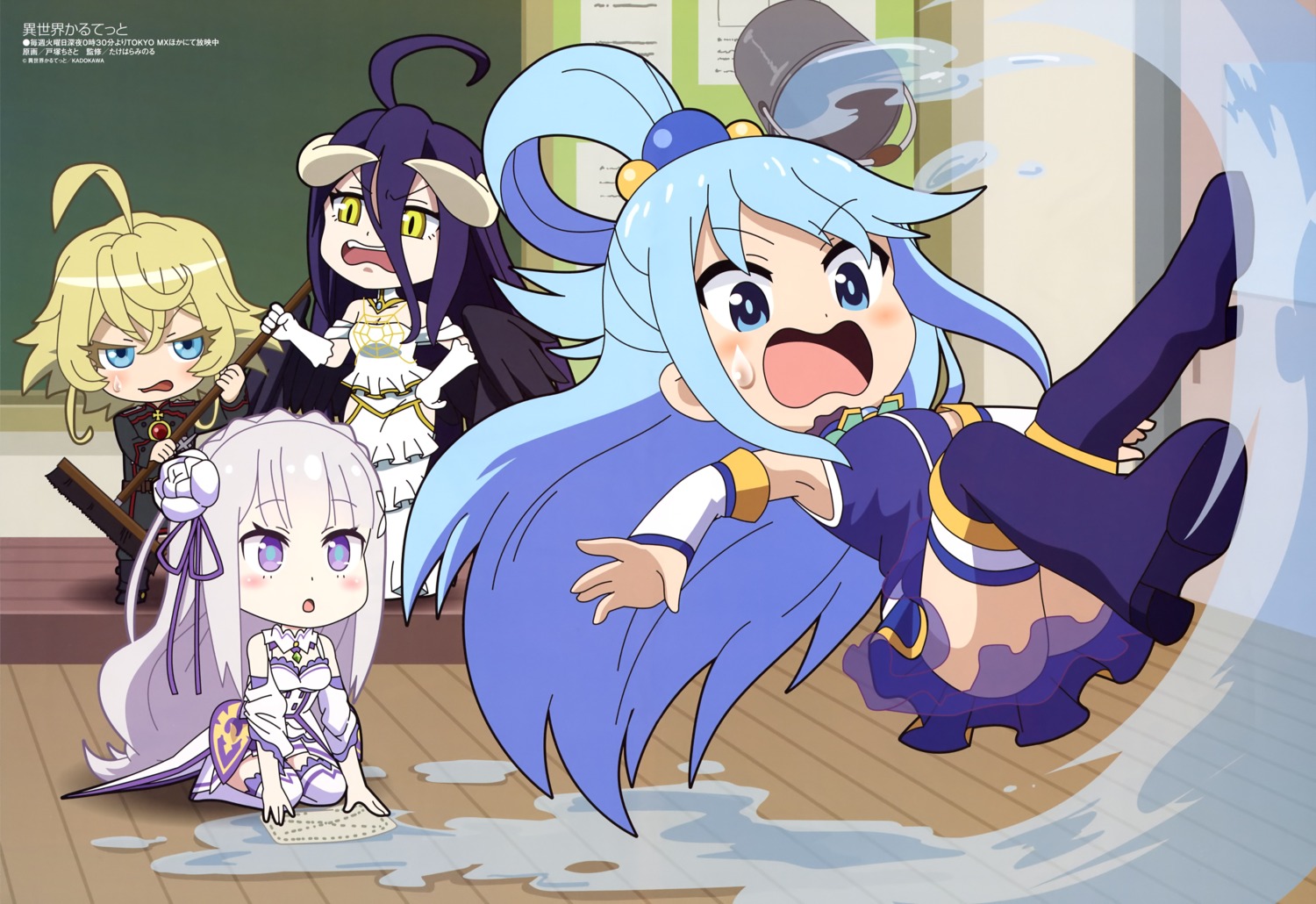 albedo_(overlord) aqua_(konosuba) chibi crossover emilia_(re_zero) heels horns isekai_quartet kono_subarashii_sekai_ni_shukufuku_wo! overlord re_zero_kara_hajimeru_isekai_seikatsu see_through tanya_degurechaff thighhighs totsuka_chisato uniform youjo_senki