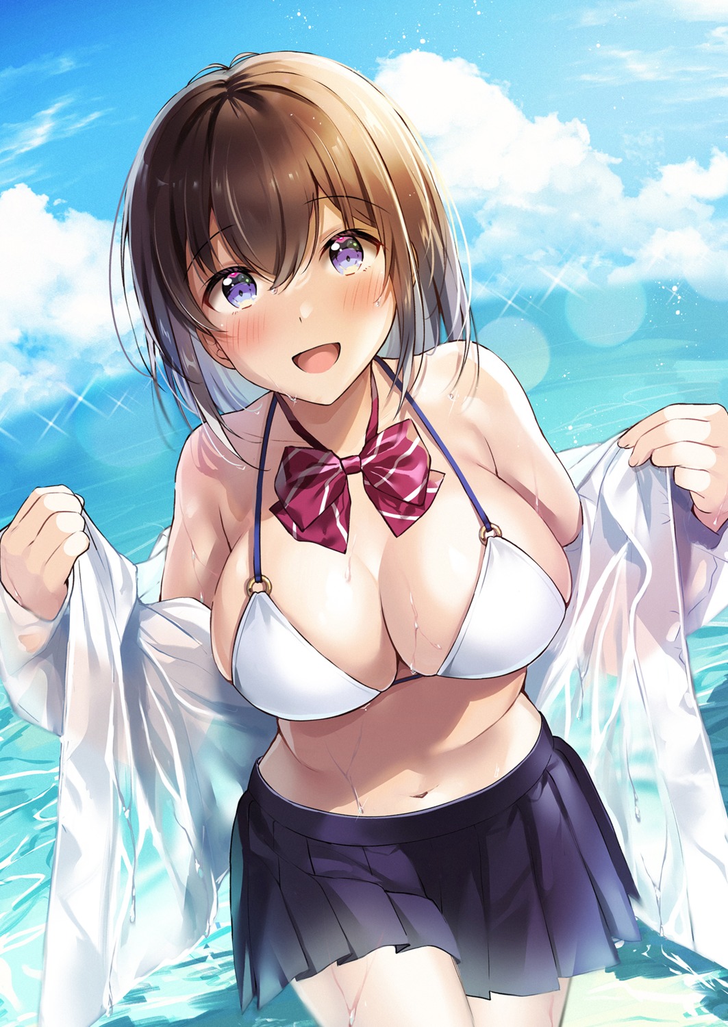 bikini_top open_shirt see_through seifuku shiro_kuma_shake swimsuits undressing wet wet_clothes