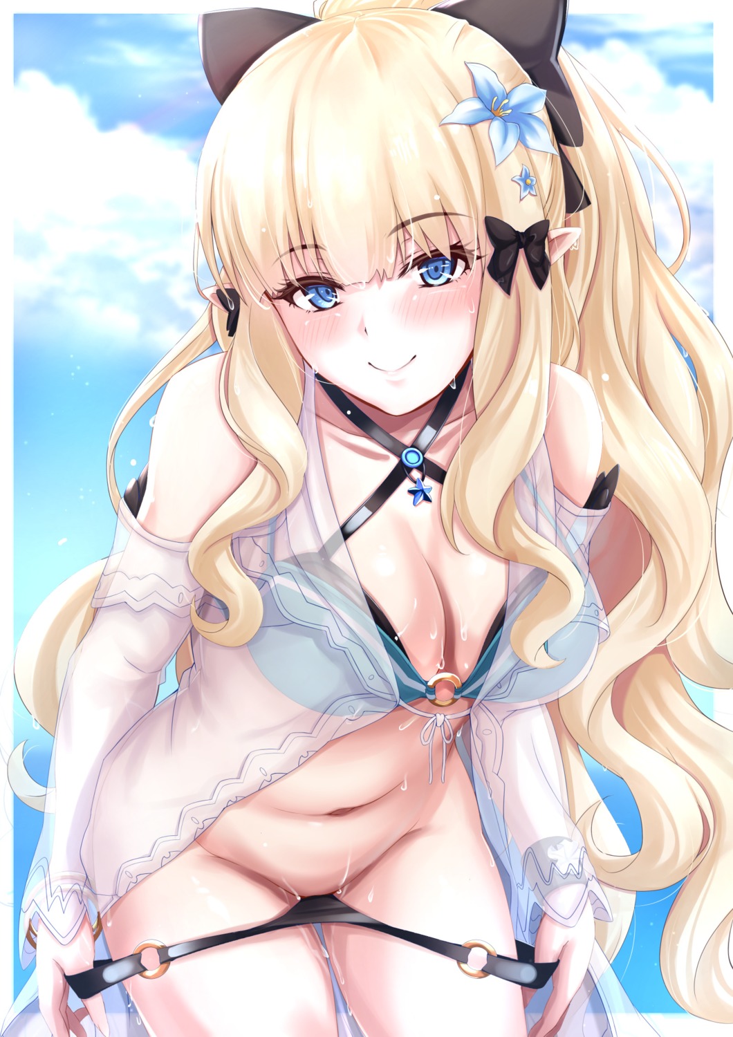 bikini kuutamo open_shirt panty_pull pointy_ears princess_connect princess_connect!_re:dive sasaki_saren see_through swimsuits undressing wet