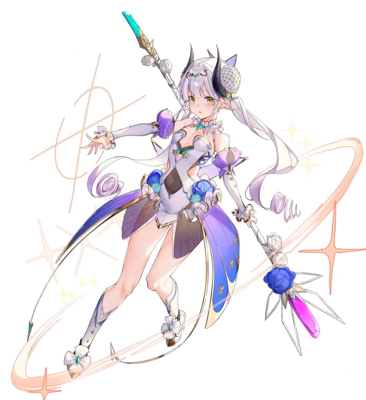 armor heels horns myo_ne no_bra pointy_ears weapon