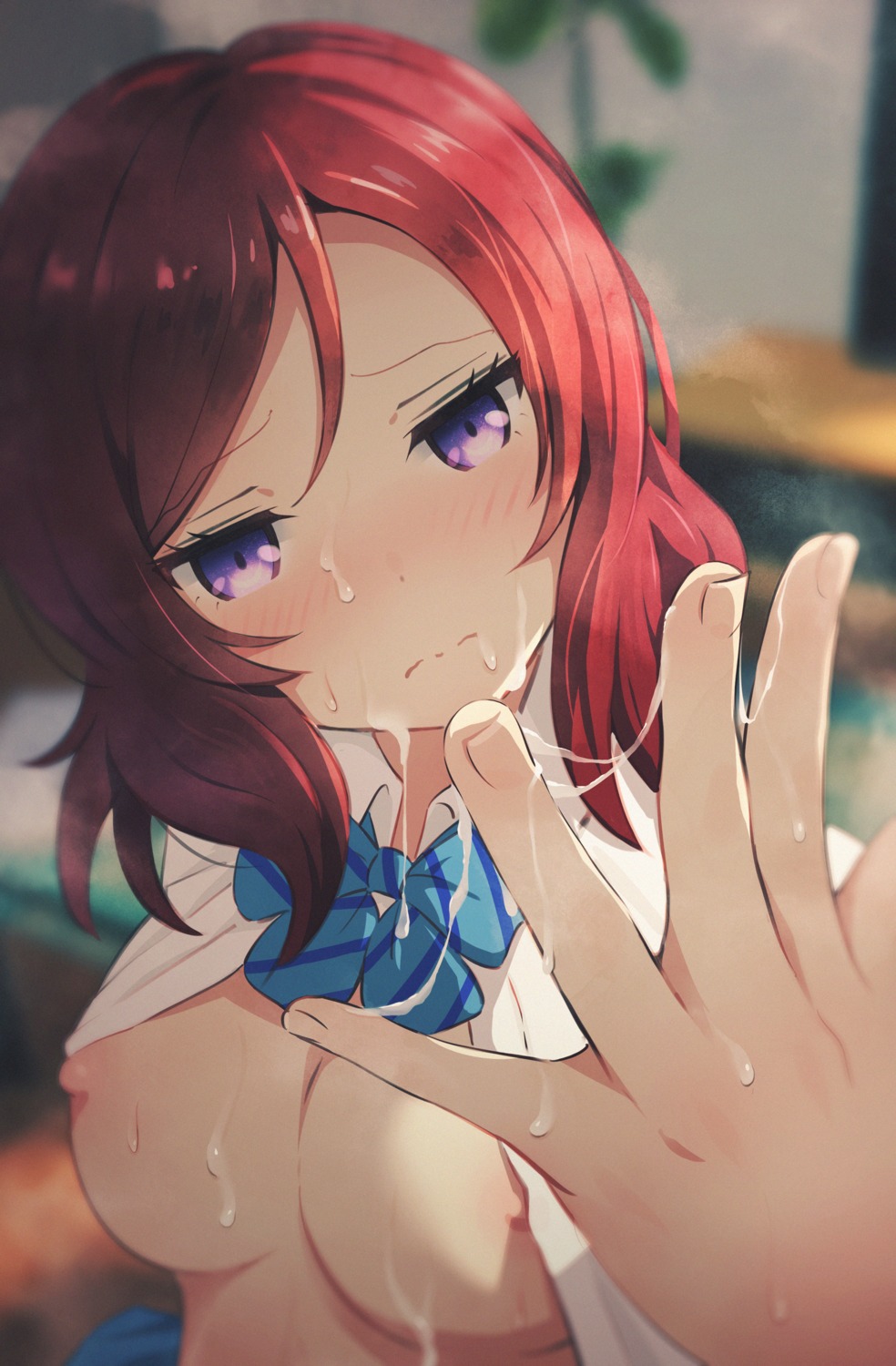 asou_(asabu202) breasts cum love_live! nipples nishikino_maki no_bra open_shirt seifuku wet