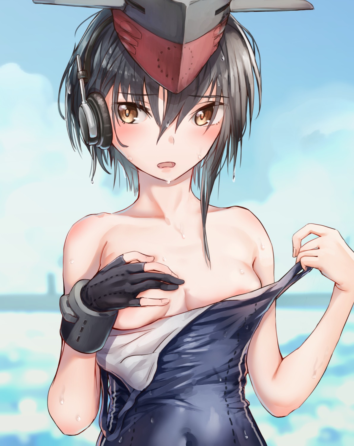 areola breast_hold breasts i-13_(kancolle) kabayaki_namazu kantai_collection school_swimsuit swimsuits undressing wet