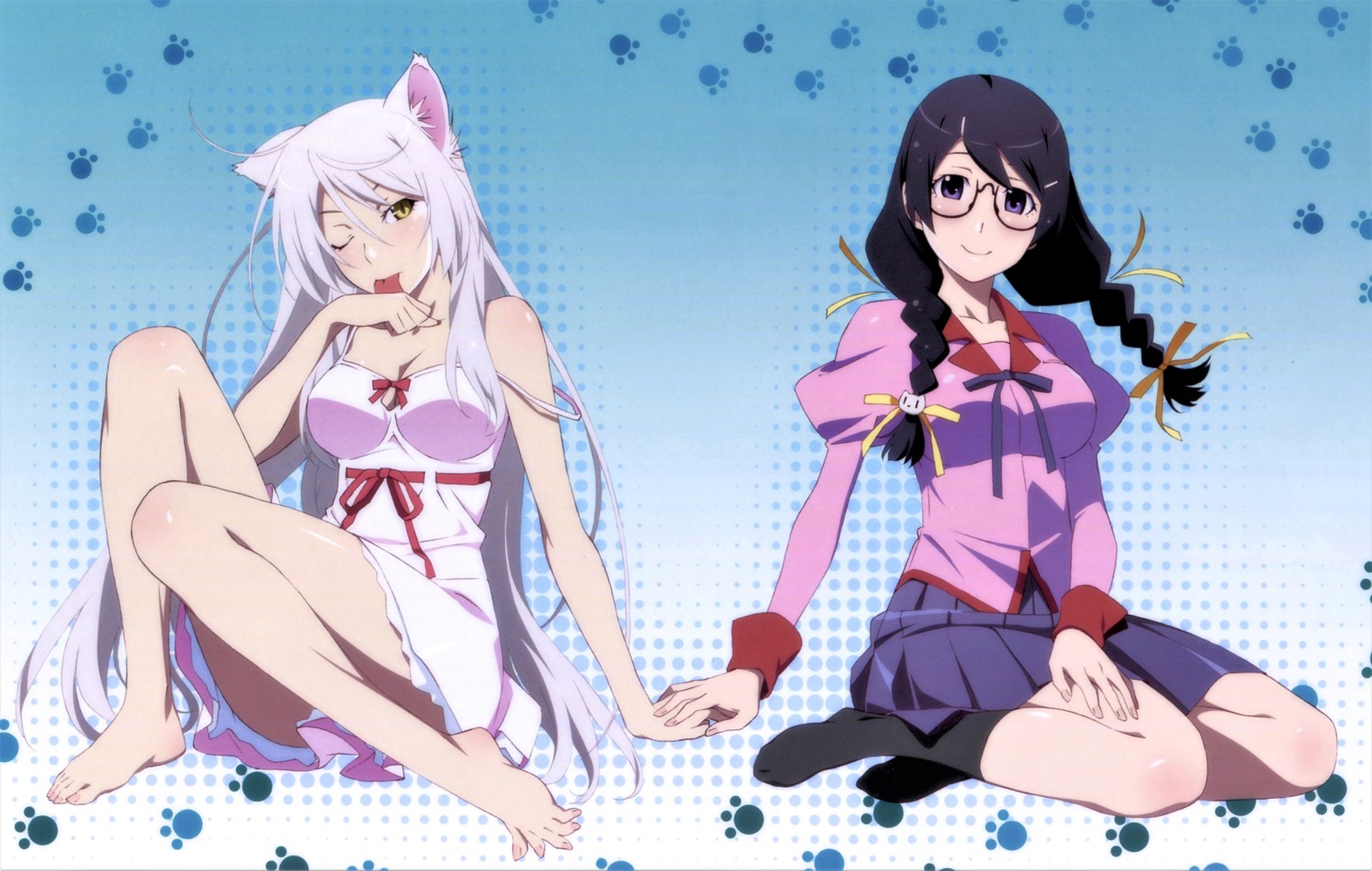 animal_ears bakemonogatari black_hanekawa cleavage dress feet hanekawa_tsubasa megane monogatari_(series) nekomimi no_bra seifuku skirt_lift summer_dress watanabe_akio yuri