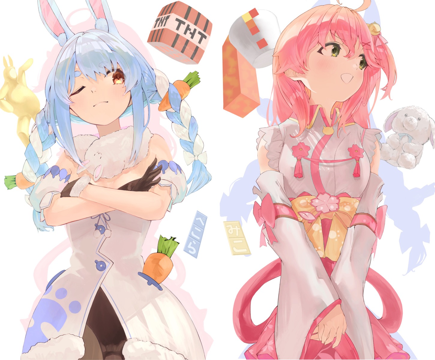 animal_ears bunny_ears bunny_girl cleavage dress hololive japanese_clothes kaoswald no_bra pantyhose sakura_miko usada_pekora