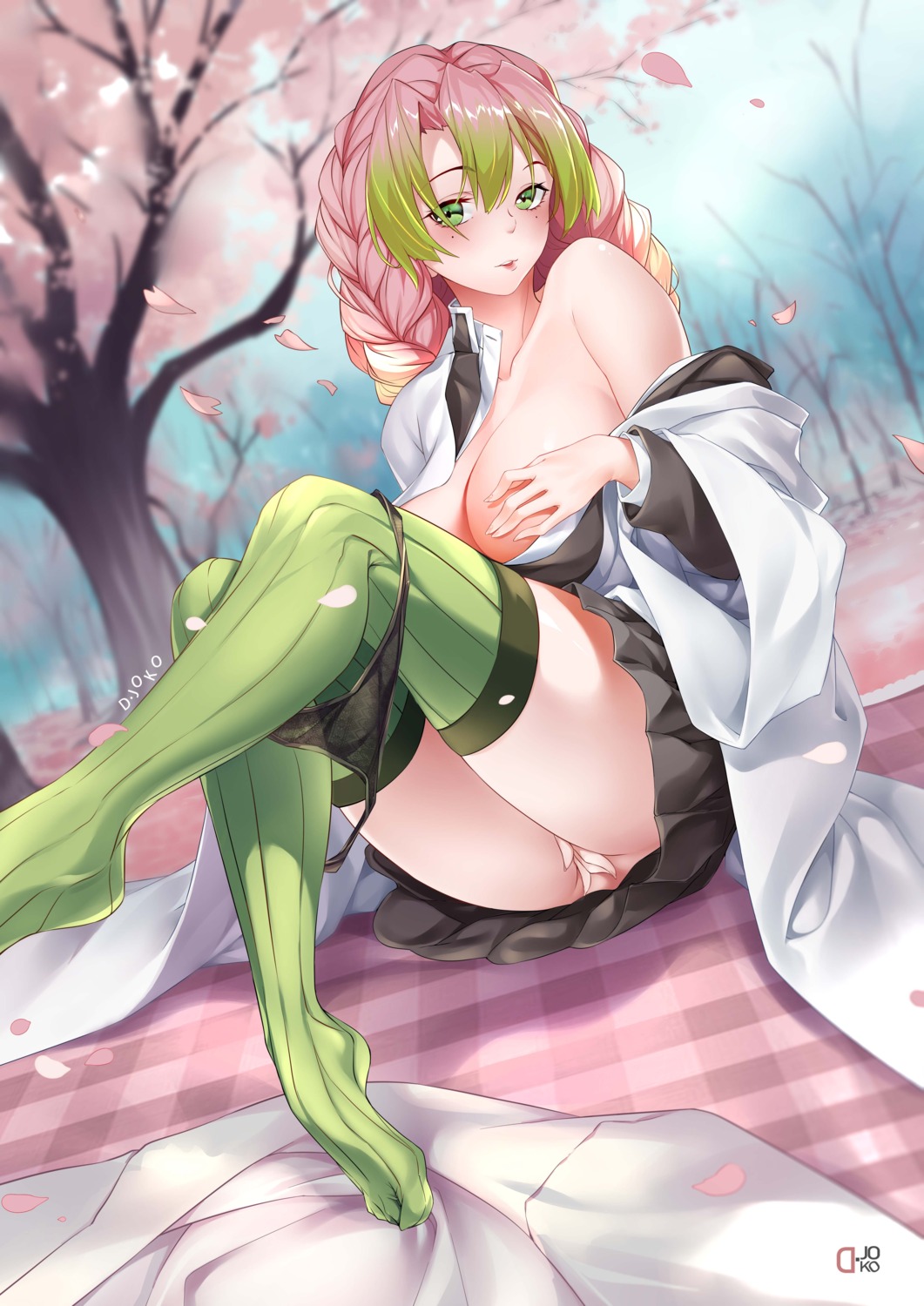 breast_hold breasts censored d._joko kanroji_mitsuri kimetsu_no_yaiba no_bra open_shirt pantsu panty_pull thighhighs uniform