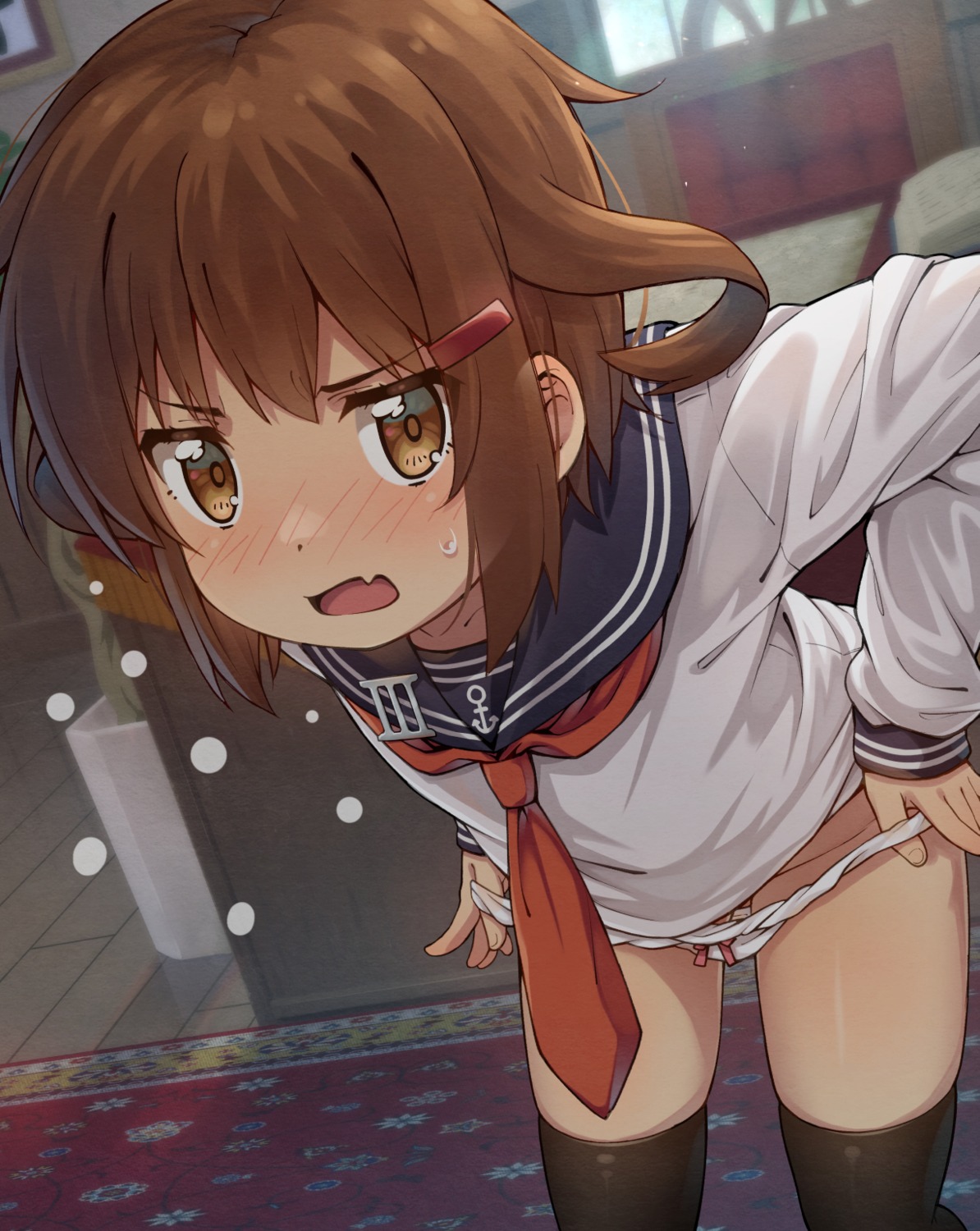 hifumi ikazuchi_(kancolle) kantai_collection loli pantsu panty_pull seifuku thighhighs undressing