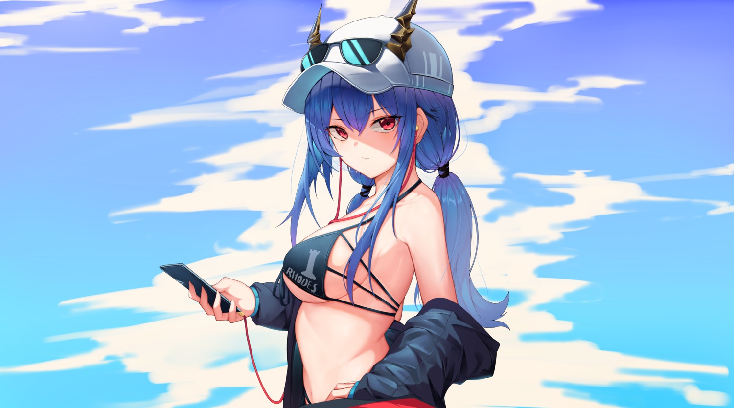 aoria arknights bikini ch'en_(arknights) horns megane open_shirt swimsuits