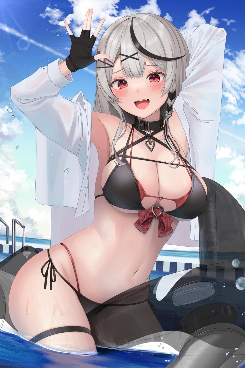 bikini garter hololive kachikachipiroo open_shirt sakamata_chloe see_through swimsuits wet