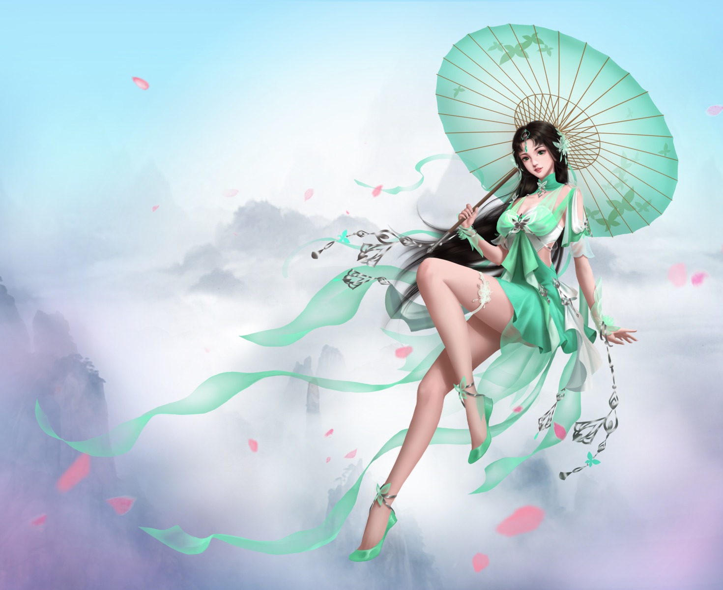 asian_clothes bi_yao cleavage garter jade_dynasty no_bra see_through tagme umbrella
