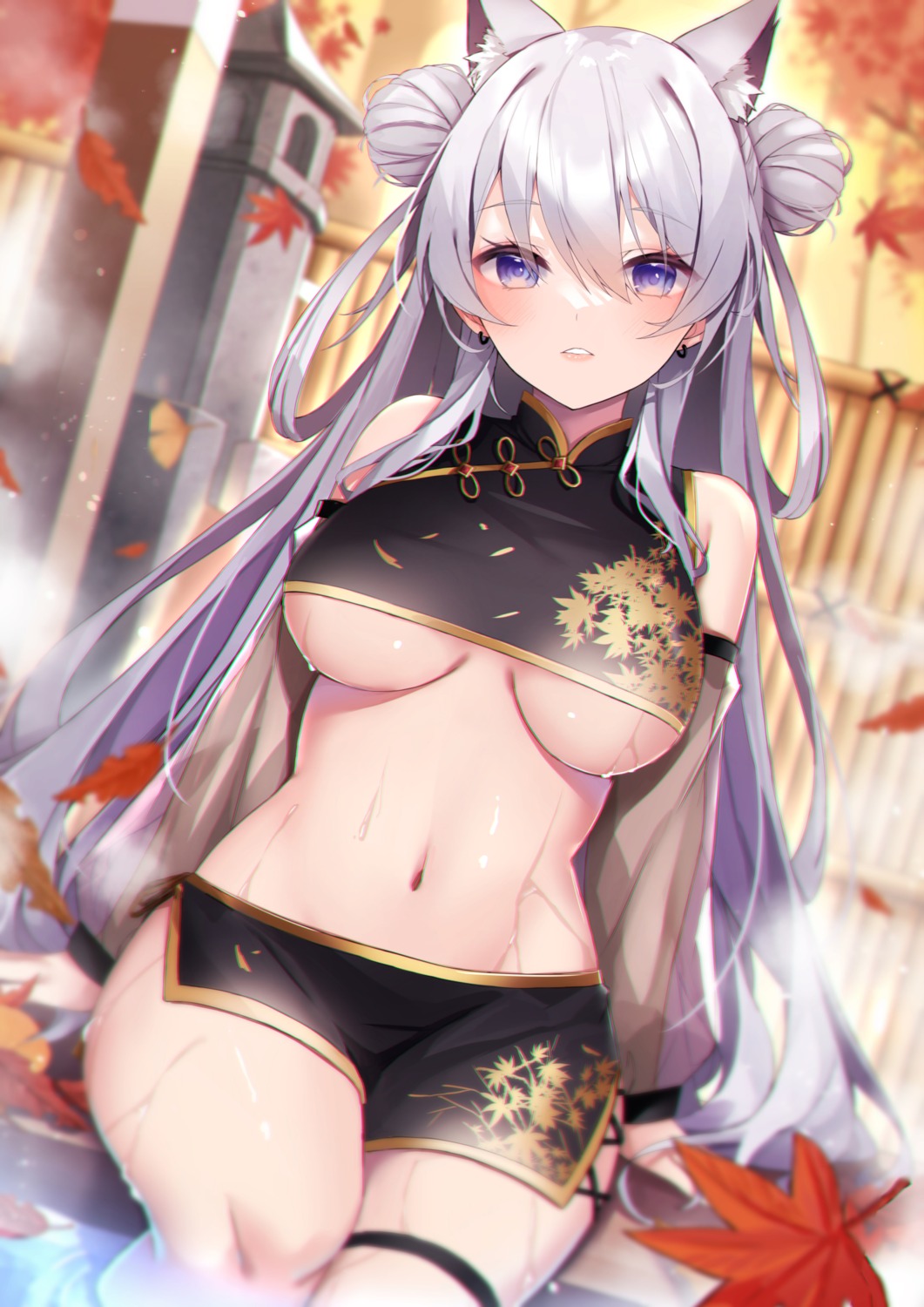 amahara_pekozaemon animal_ears asian_clothes garter no_bra underboob wet