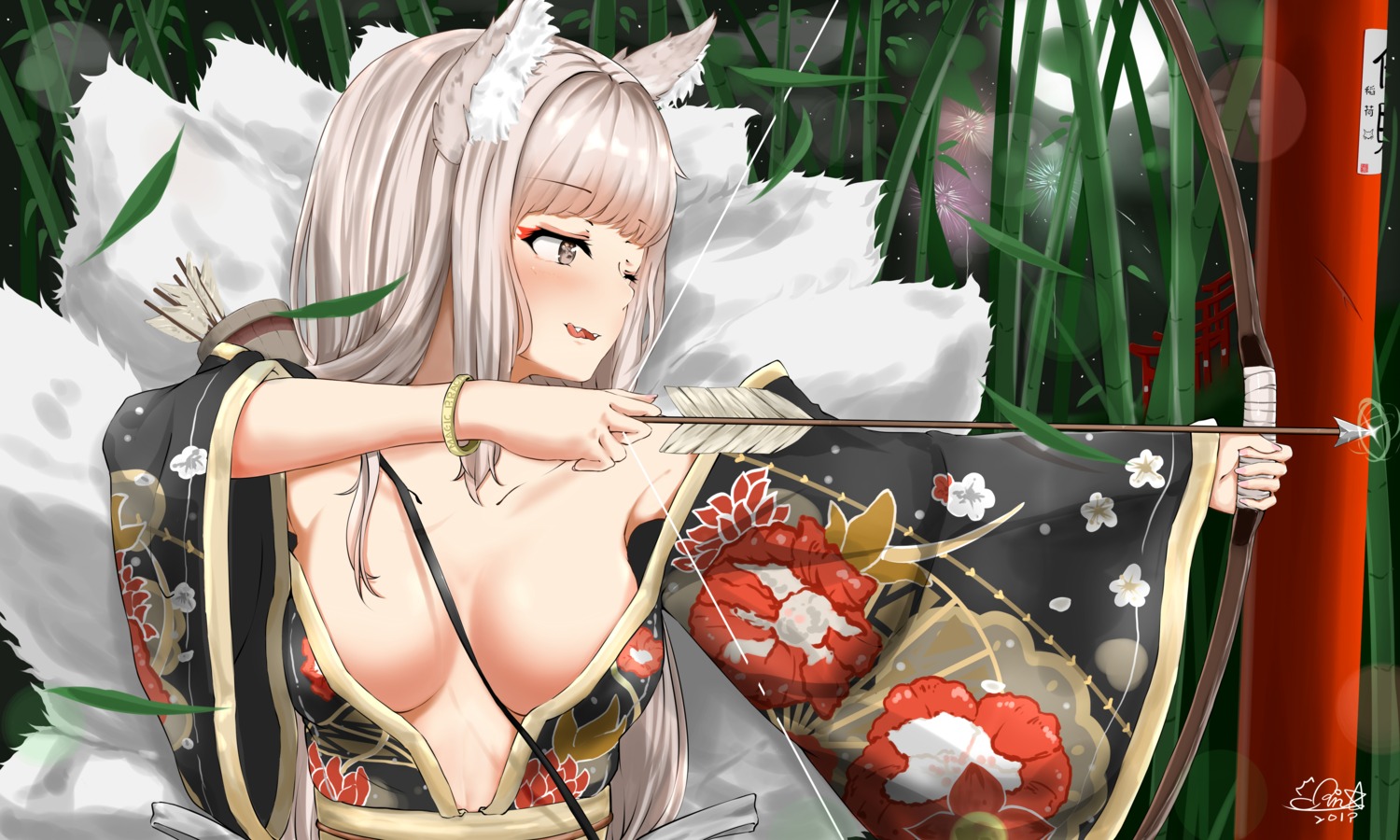 animal_ears japanese_clothes kitsune no_bra open_shirt qianxiaolin tail weapon