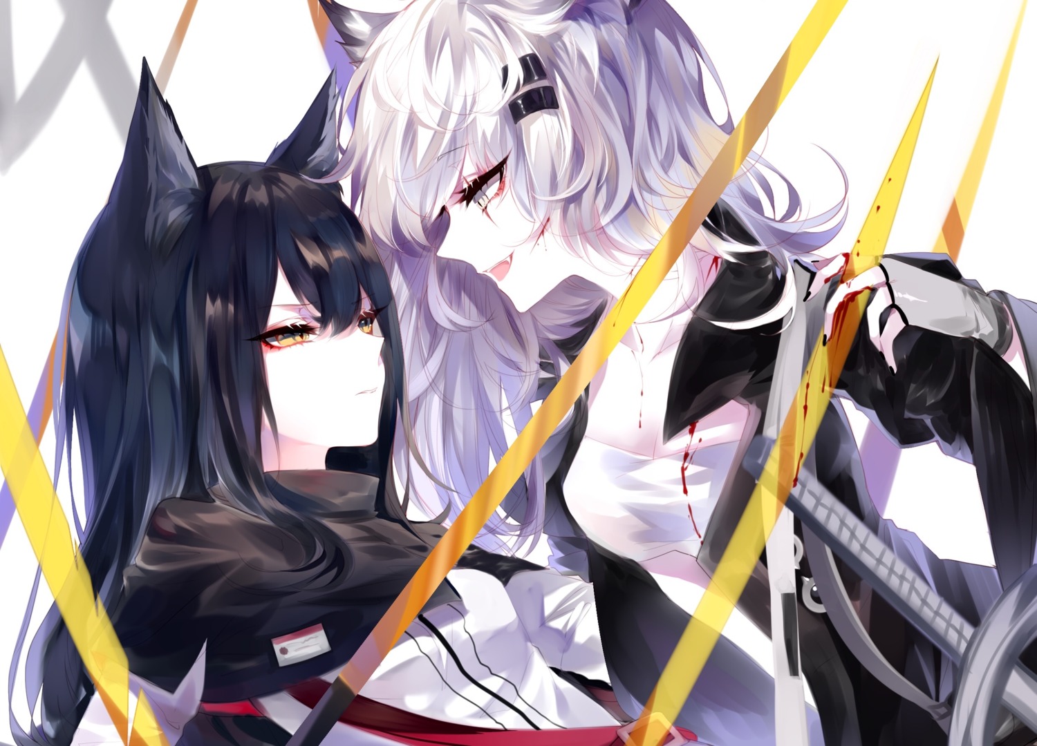 animal_ears arknights blood cleavage lappland_(arknights) sheya sword texas_(arknights) yuri