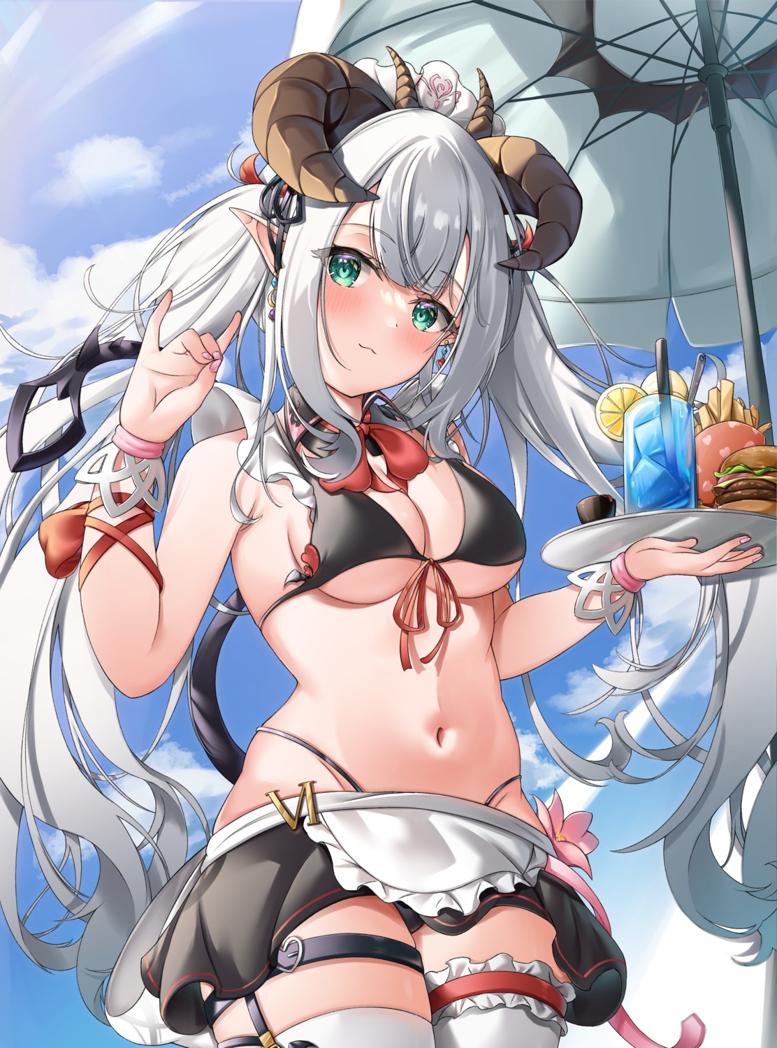 bikini garter horns maid nekoya_minamo pointy_ears skirt_lift stockings swimsuits tail thighhighs