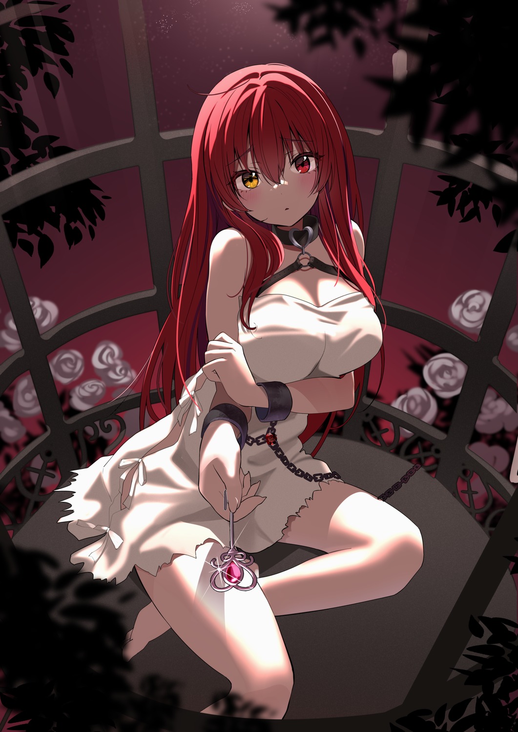 cleavage dress heterochromia hololive houshou_marine torn_clothes yoshioka_pochi