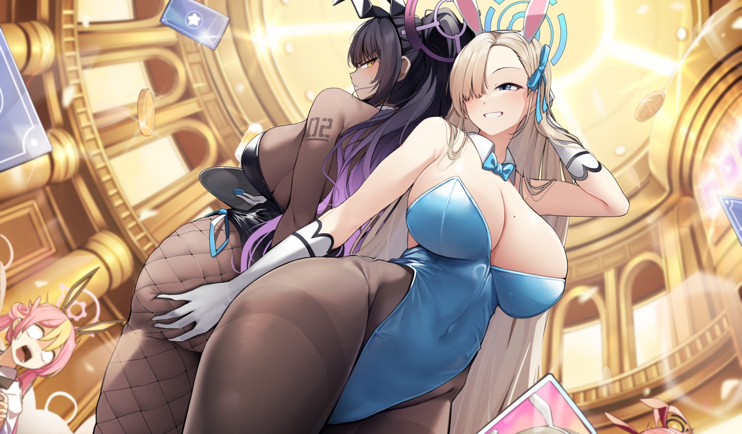 animal_ears ass ass_grab blue_archive bunny_ears bunny_girl ddangbi fishnets halo ichinose_asuna kakudate_karin no_bra pantyhose tattoo yuri