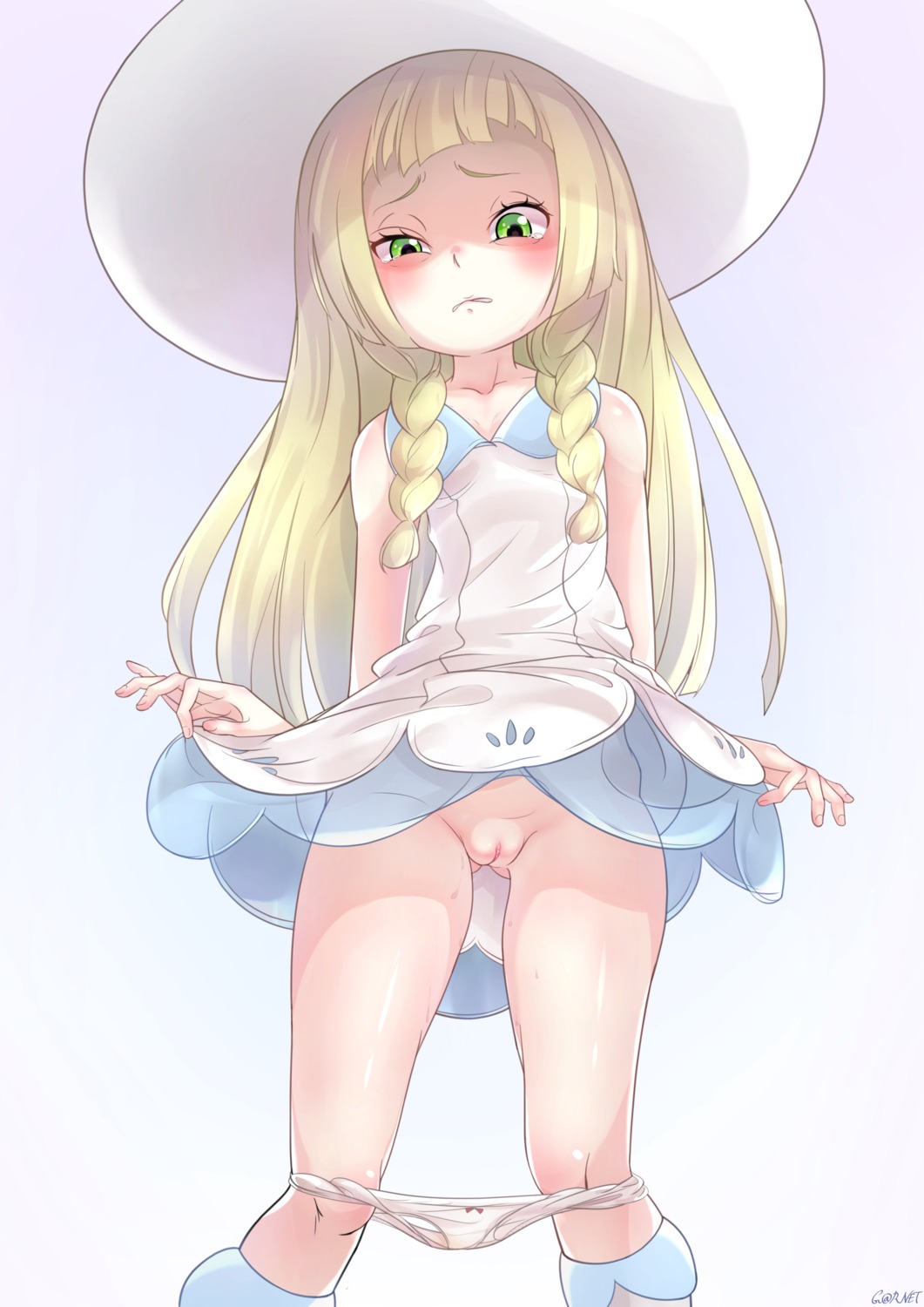 dress g@rnet lillie_(pokemon) loli pantsu panty_pull pokemon pokemon_sm pokemon_usum pussy see_through skirt_lift uncensored