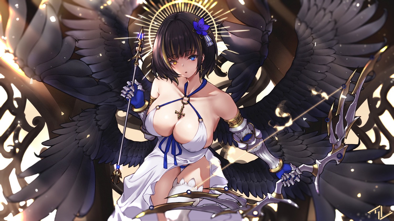 angel armor dress heterochromia no_bra nolmo pantsu skirt_lift thighhighs weapon wings