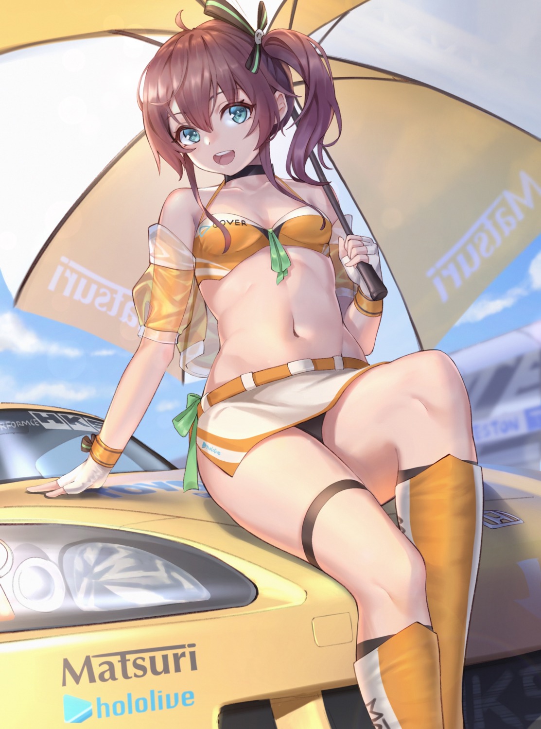 bra cleavage garter hololive joeychen natsuiro_matsuri open_shirt pantsu see_through skirt_lift umbrella