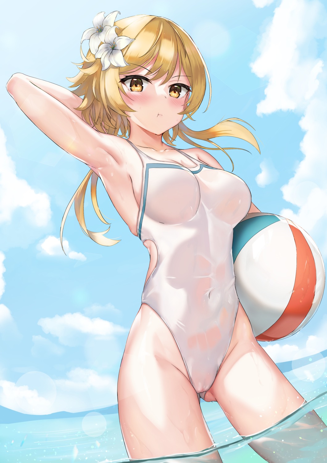 cameltoe genshin_impact lumine see_through skai_kun swimsuits wet wet_clothes