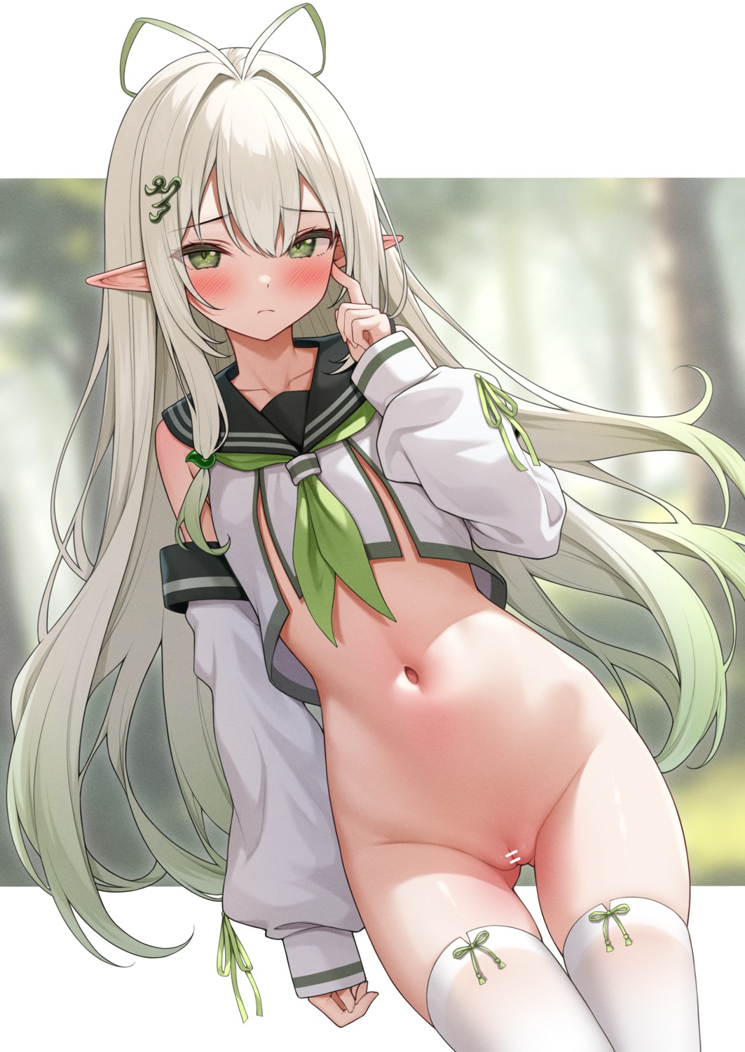 bottomless censored elf karutamo pointy_ears pussy seifuku thighhighs