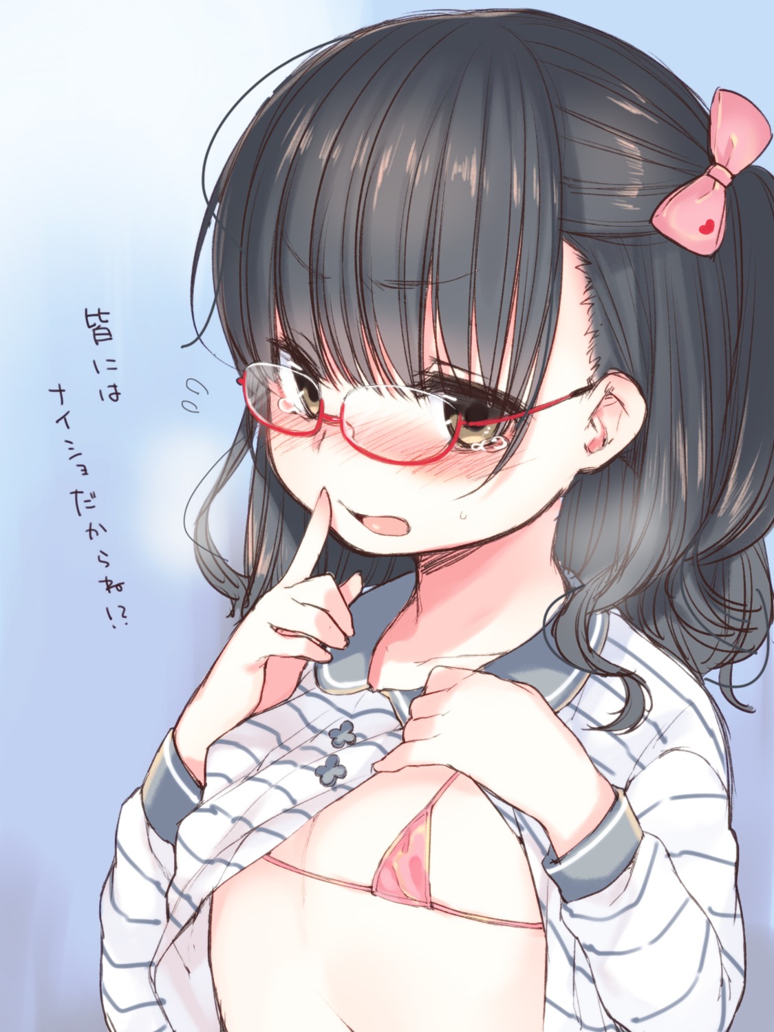 bikini_top dancho_(dancyo) erect_nipples loli megane shirt_lift swimsuits