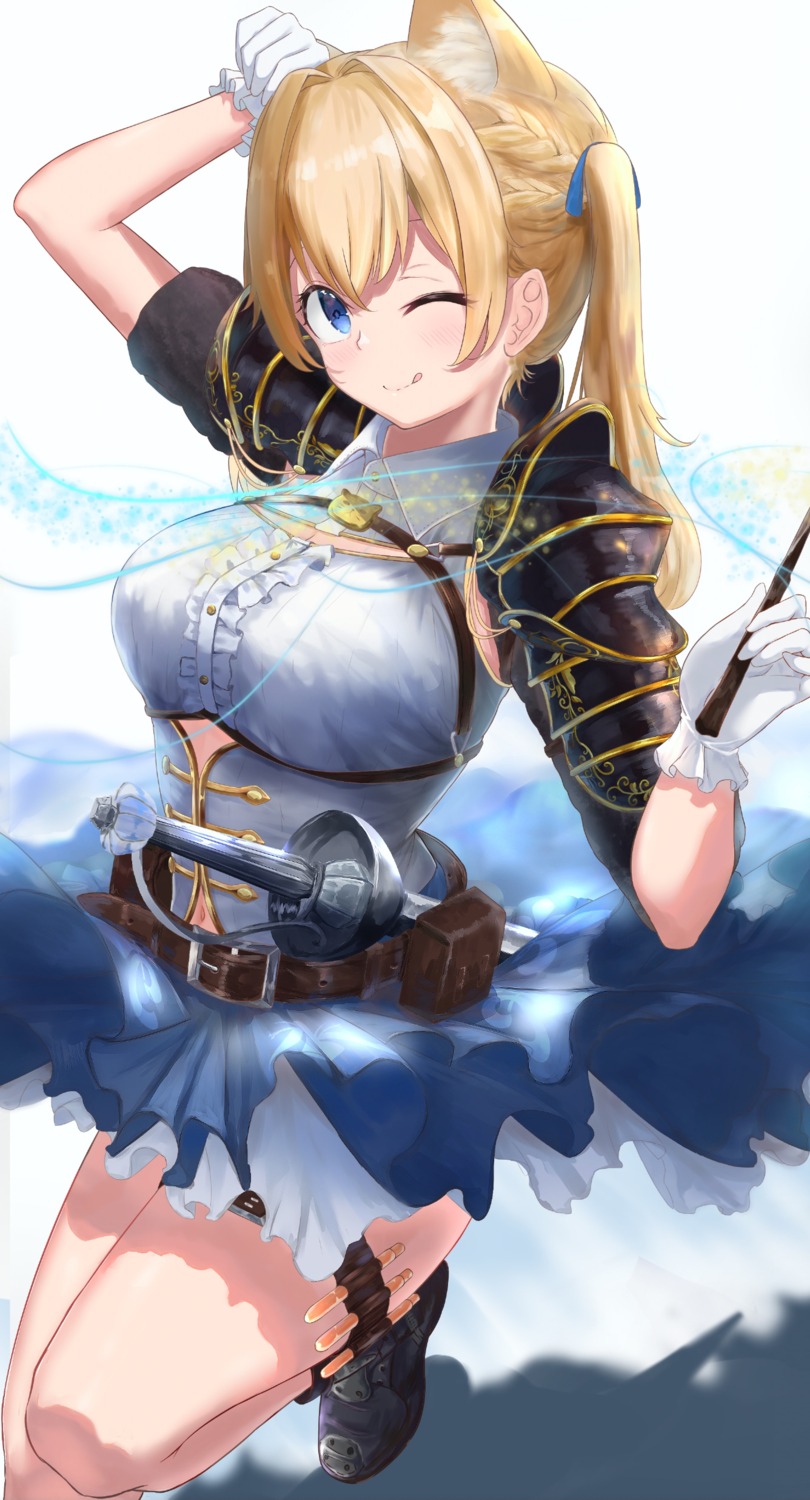 animal_ears armor cleavage garter moubokobokodayo nekomimi skirt_lift sword weapon