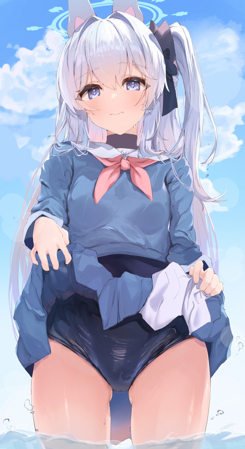 animal_ears blue_archive bunny_ears cameltoe d244 halo loli school_swimsuit seifuku skirt_lift swimsuits tsukiyuki_miyako wet