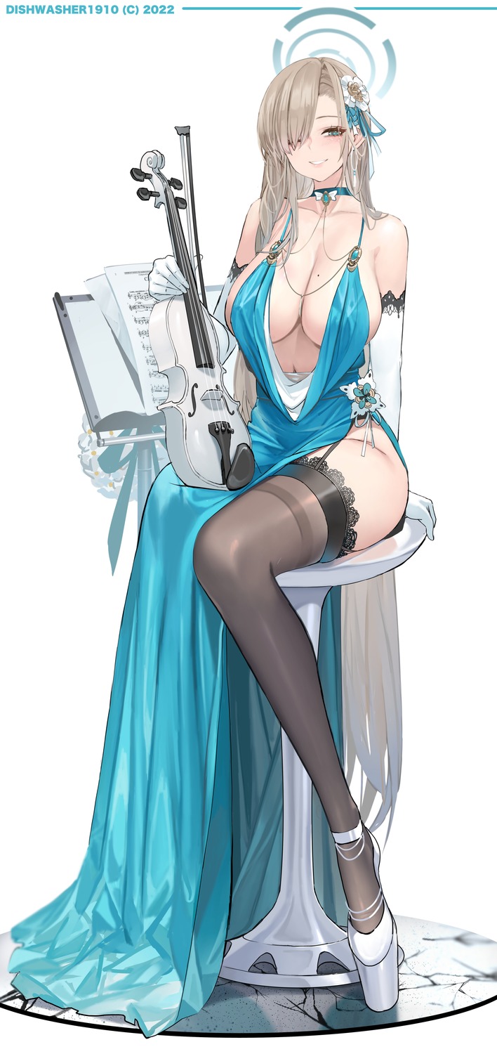 blue_archive dishwasher1910 dress halo heels ichinose_asuna no_bra stockings thighhighs