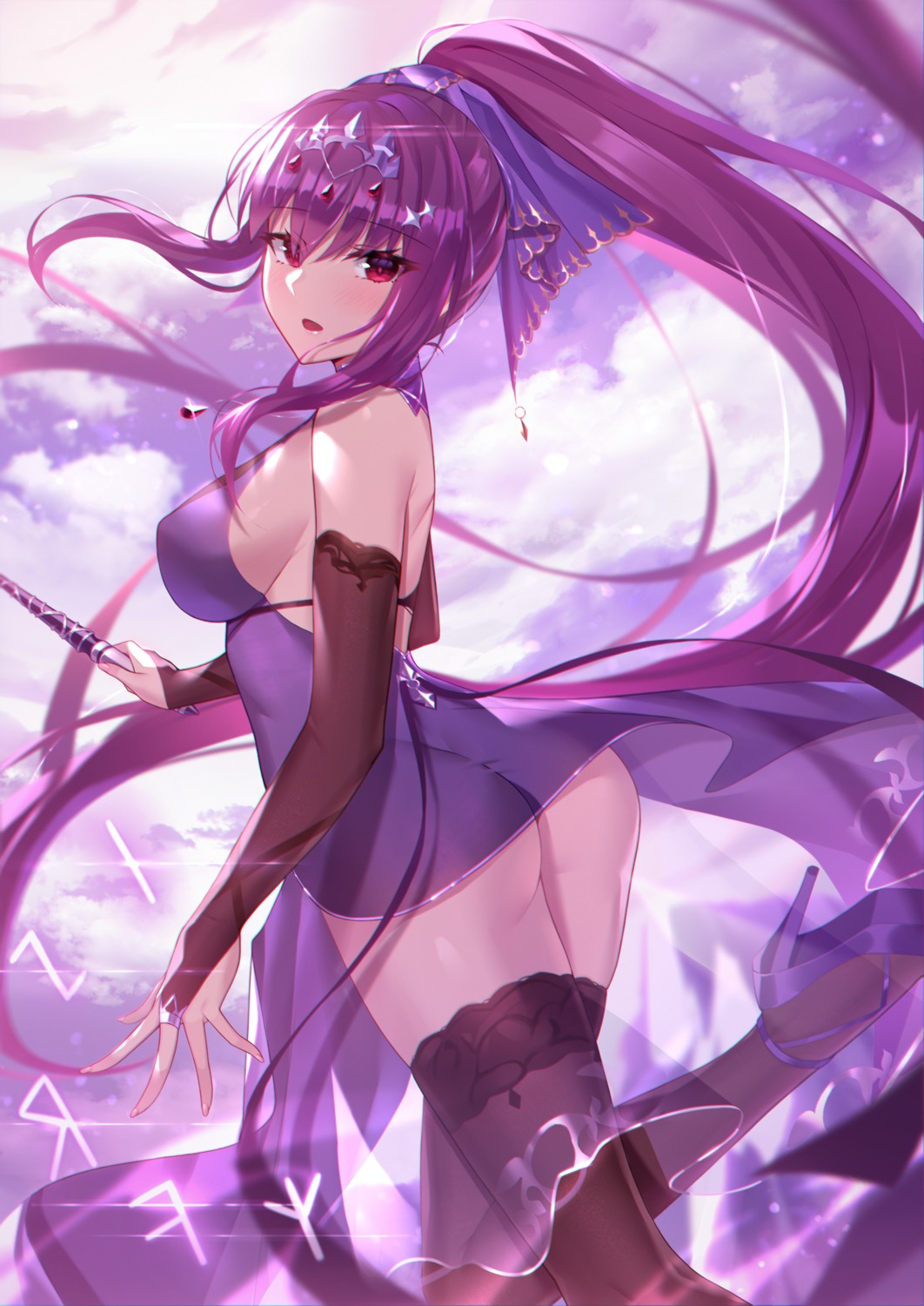 ass black_fire dress fate/grand_order heels nopan scathach_skadi skirt_lift thighhighs weapon